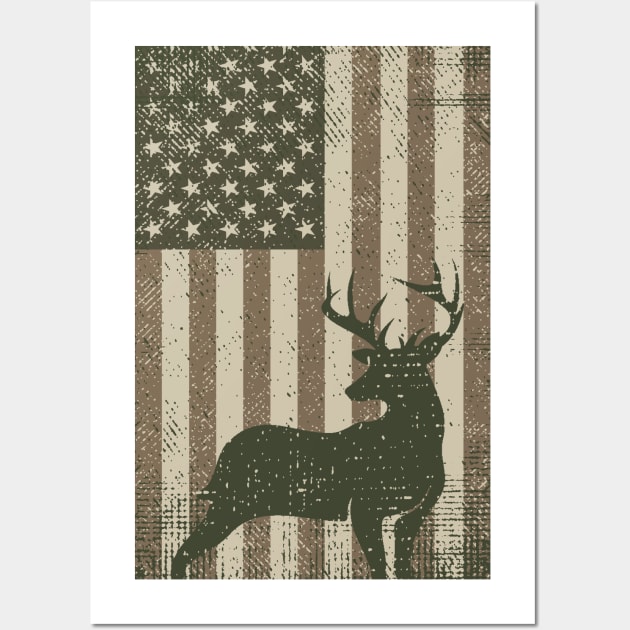 Vintage Deer Hunting Camouflage American Flag Wall Art by Etopix